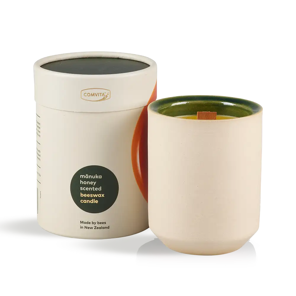 Mānuka Honey Scented Beeswax Candle box and candle