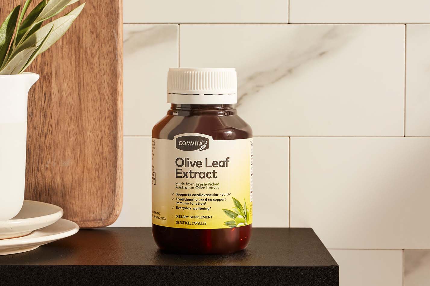 olive leaf extract capsules on a bathroom shelf