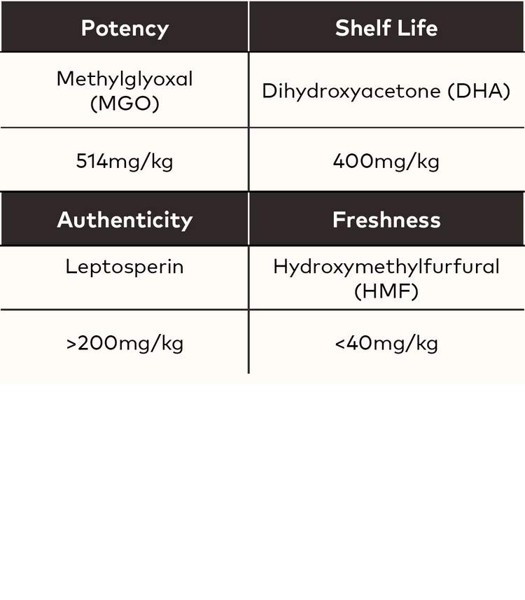 chart showing levels of active properties on UMF 15+ Manuka Honey
