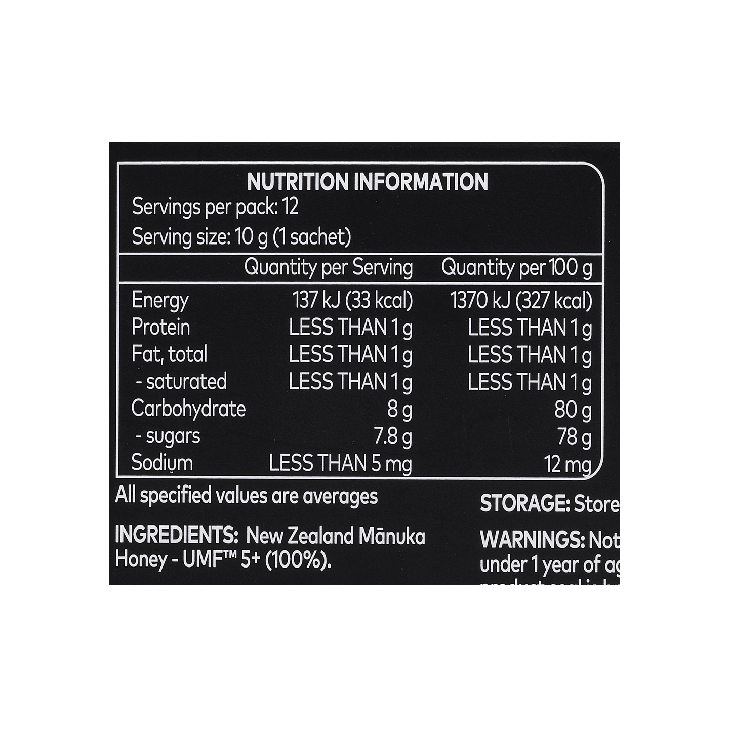 Box of Comvita Manuka Honey UMF 5+ sachets 12s  Nutrition Panel