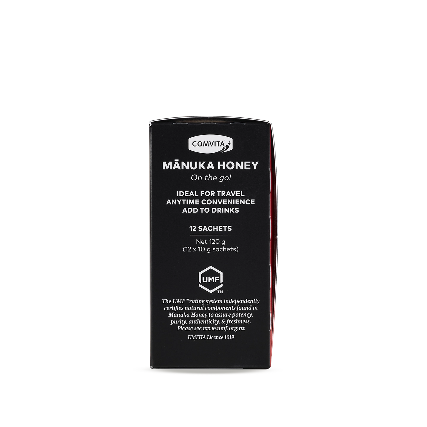 Box of Comvita Manuka Honey UMF 5+ sachets 12s Left Side