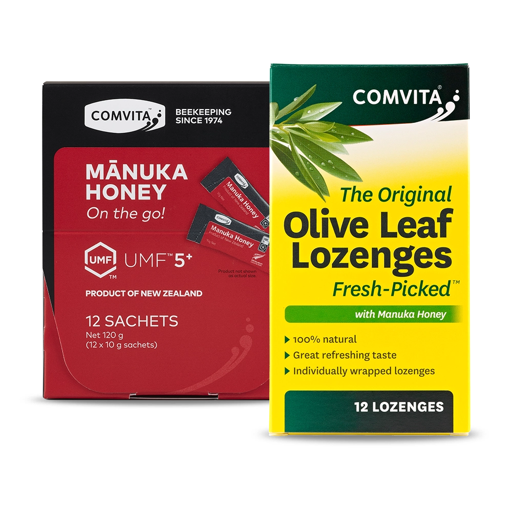 Two Comvita product packages: Mánuka Honey on the go! and Olive Leaf Lozenges with Manuka Honey, on a white background.