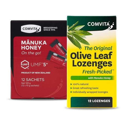 Two Comvita product packages: Mánuka Honey on the go! and Olive Leaf Lozenges with Manuka Honey, on a white background.