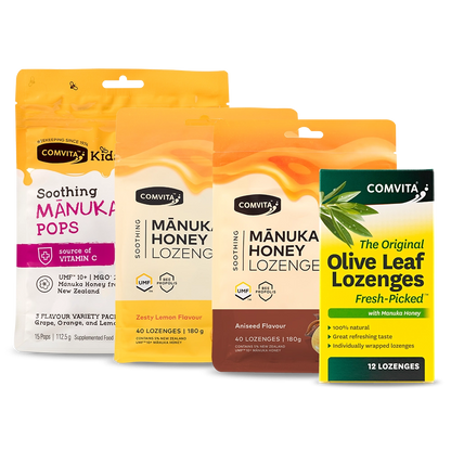Collection of Comvita Manuka honey lozenge packages on a white background