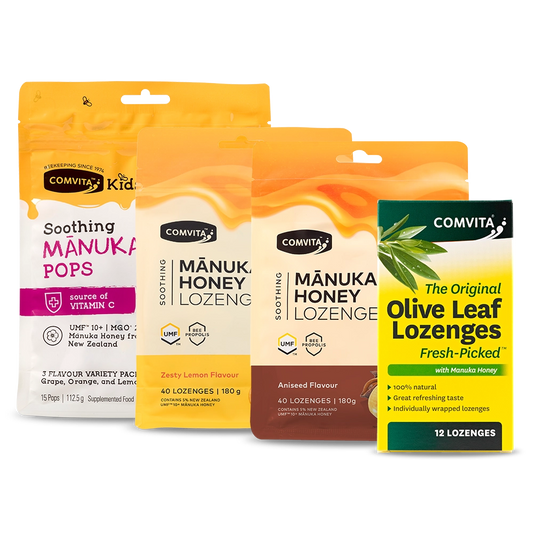 Collection of Comvita Manuka honey lozenge packages on a white background