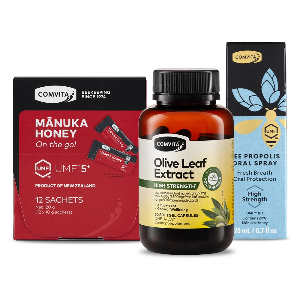 Comvita Manuka Honey, Olive Leaf Extract, and Propolis products on a white background