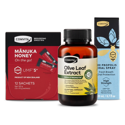 Comvita Manuka Honey, Olive Leaf Extract, and Propolis products on a white background