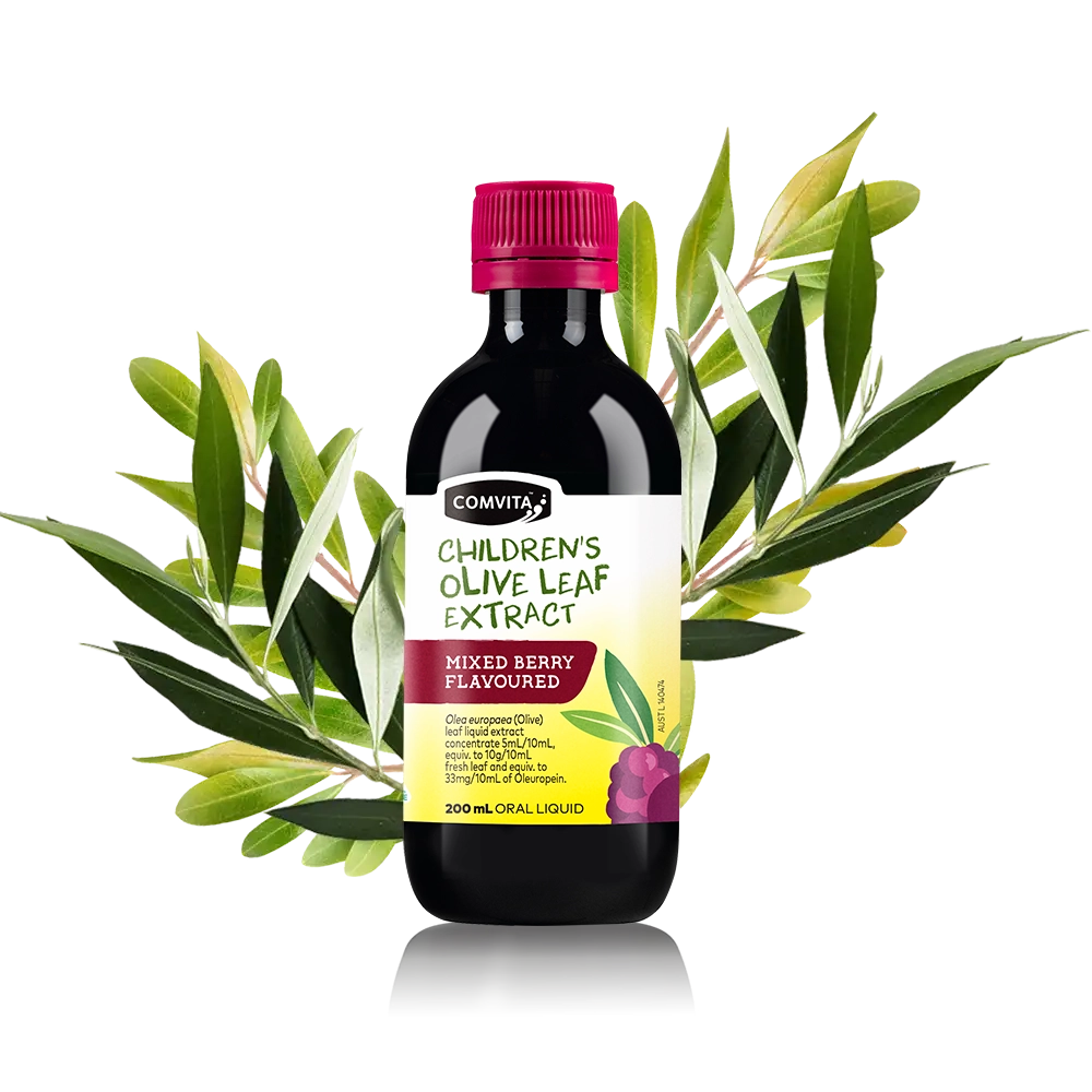 Bottle of Children's Olive Leaf Extract with a pink cap on a white background
