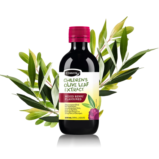 Bottle of Children's Olive Leaf Extract with a pink cap on a white background