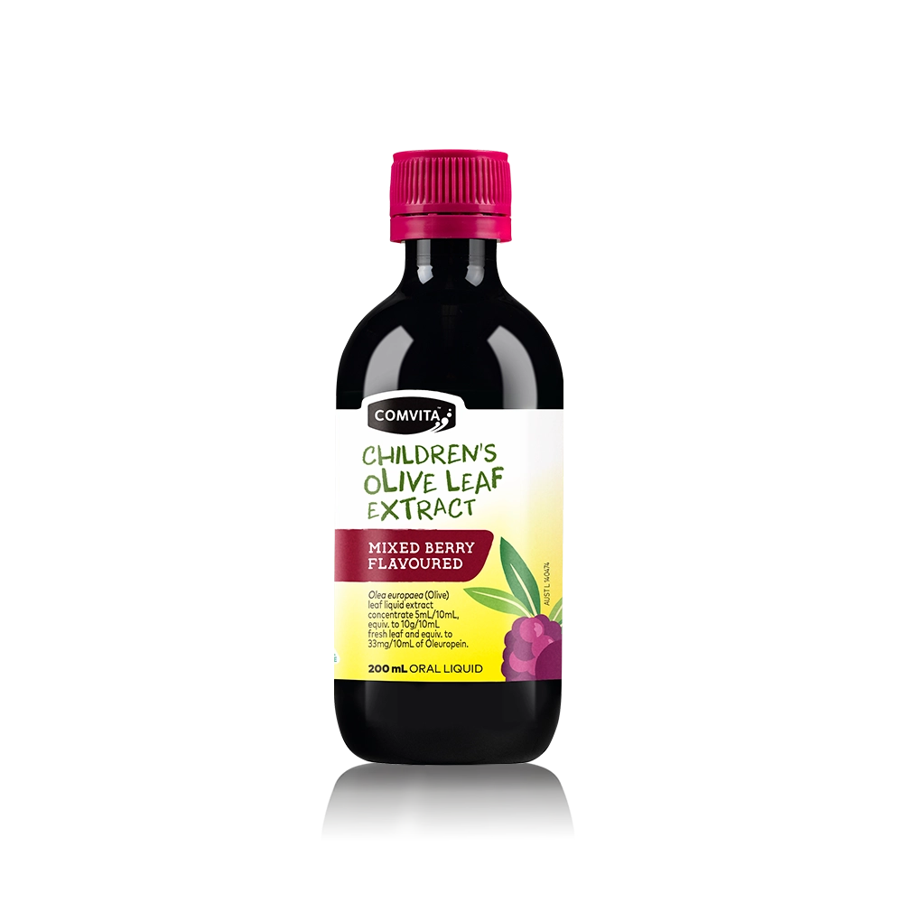 Children's olive leaf extract bottle with a pink cap on a white background Front