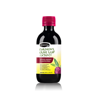 Children's olive leaf extract bottle with a pink cap on a white background Front